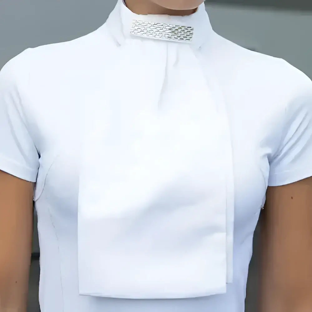 White equestrian shirt with high collar and sparkling silver rhinestone accent from equetech deluxe ready-tied stock three interchangeable styles