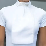 White equestrian shirt with high collar and sparkling silver rhinestone accent from equetech deluxe ready-tied stock three interchangeable styles