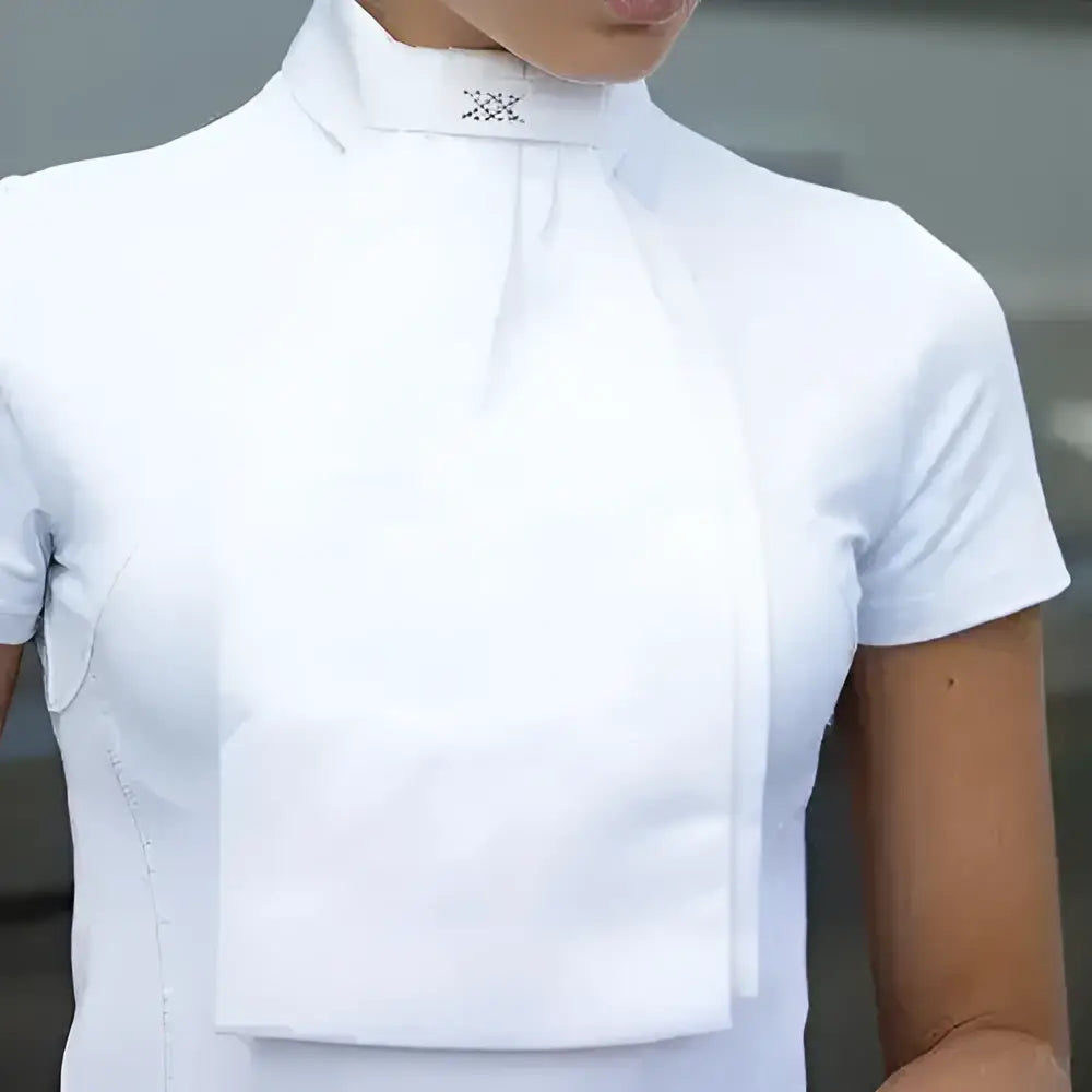 White high-necked equestrian shirt with subtle embroidered collar detail from equetech deluxe ready-tied stock three styles