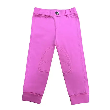 Bright pink equetech dinky tots jodhpurs with reinforced knee patches and buttoned waistband for kids riding gear