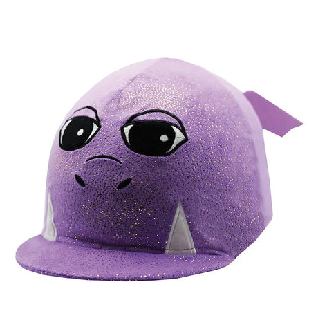 Purple glittery plush drake dragon hat with embroidered eyes and silver fin made from faux fur fabric by equetech drake