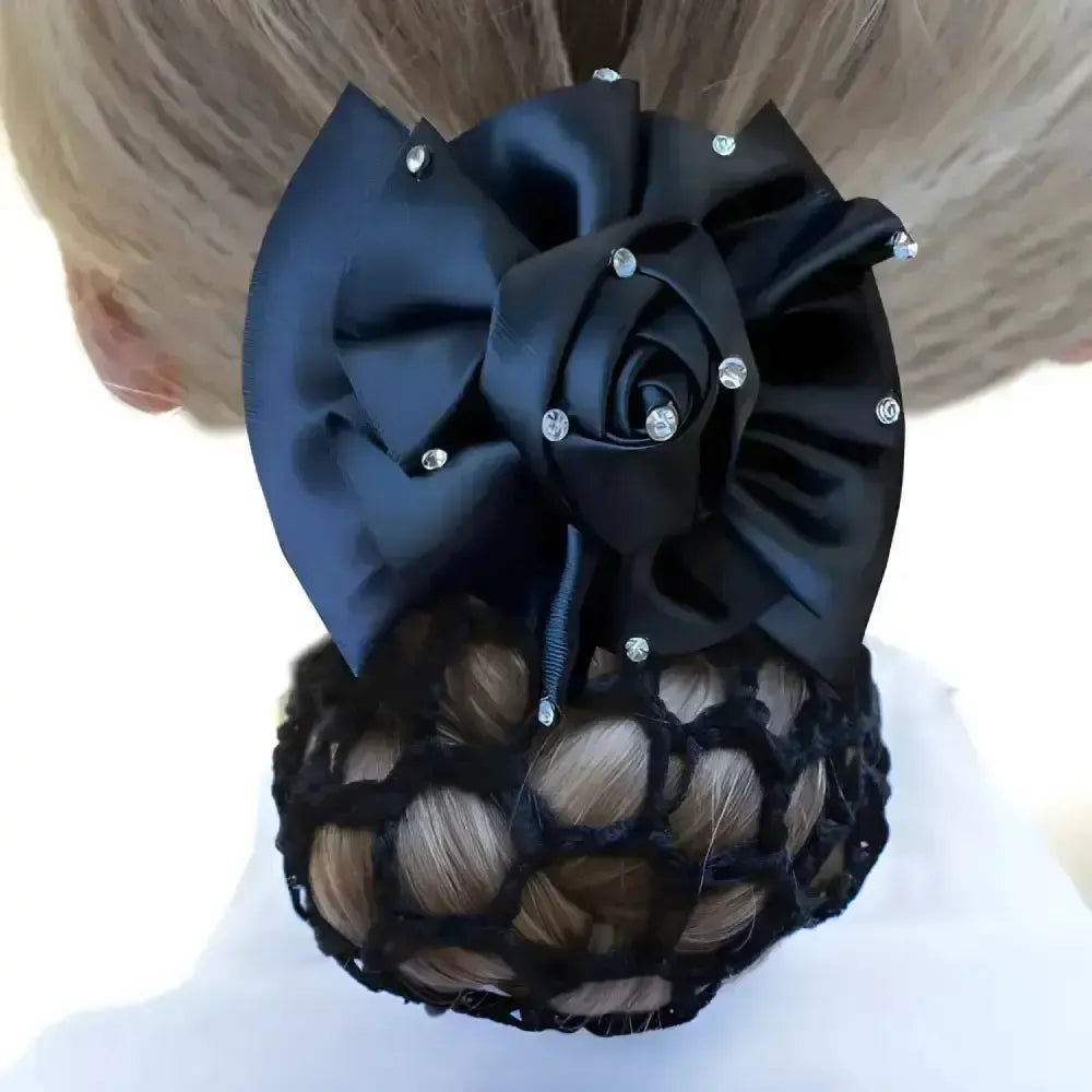 Equetech Dressage Rosette Ribbon Bow & Net Black/Crystal Hair Nets