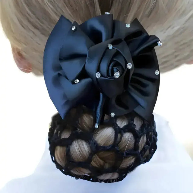 Equetech Dressage Rosette Ribbon Bow & Net Black/Crystal Hair Nets