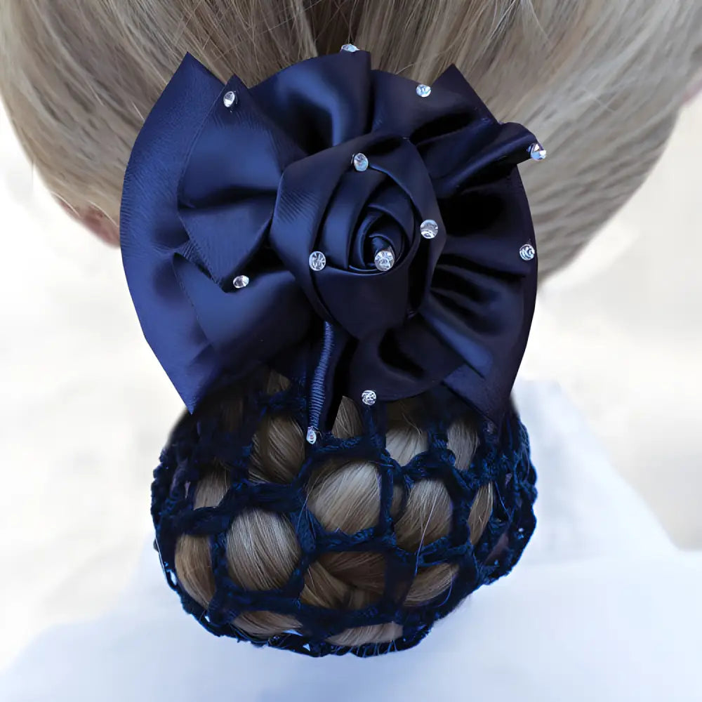 Navy blue dressage rosette ribbon hair accessory with floral design and rhinestones