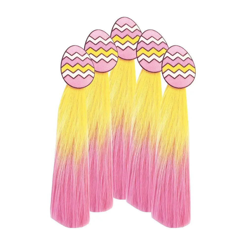 Five equetech easter egg mane tassels with pink yellow ombre and loop tie stay topped with decorative zigzag eggs
