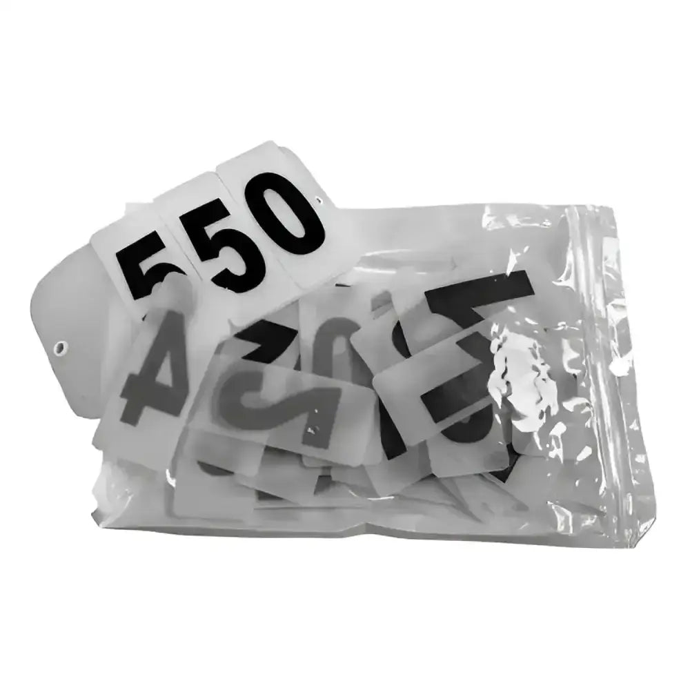 Clear plastic bag with white equetech easy velcro jacket competition numbers showing black printed digits