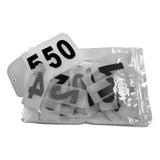 Clear plastic bag with white equetech easy velcro jacket competition numbers showing black printed digits