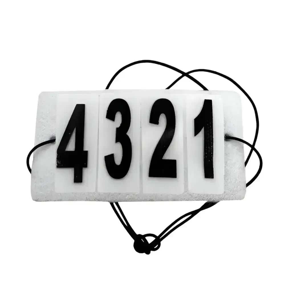 White plastic race bib with black velcro numbers 4321 and black cord for equetech easy jacket competition numbers