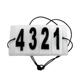 White plastic race bib with black velcro numbers 4321 and black cord for equetech easy jacket competition numbers