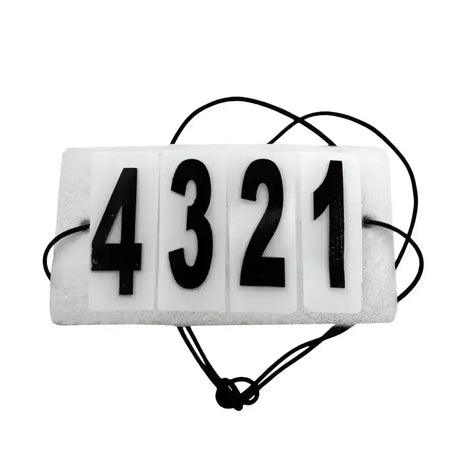 White plastic race bib with black velcro numbers 4321 and black cord for equetech easy jacket competition numbers