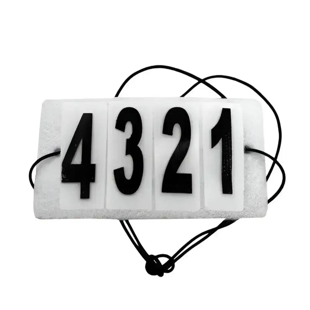 White plastic race bib with black velcro numbers 4321 and black cord for equetech easy jacket competition numbers