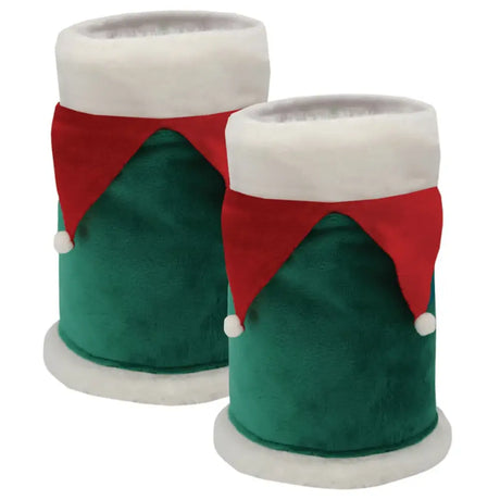 Green elf-themed plush cat scratching post with red velvet trim and white faux fur accents for festive elf horse fans