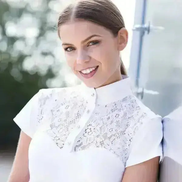 White lace-trimmed short-sleeve equetech florence lace paneled shirt with collar perfect for shows