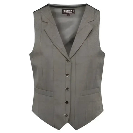 A gray textured wool equetech foxbury showing waistcoat with a notched collar and five dark buttons