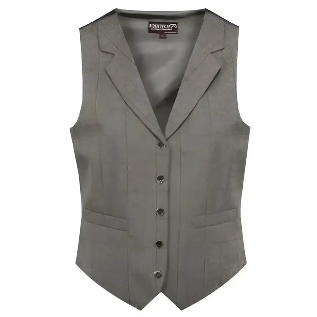 A gray textured wool equetech foxbury showing waistcoat with a notched collar and five dark buttons
