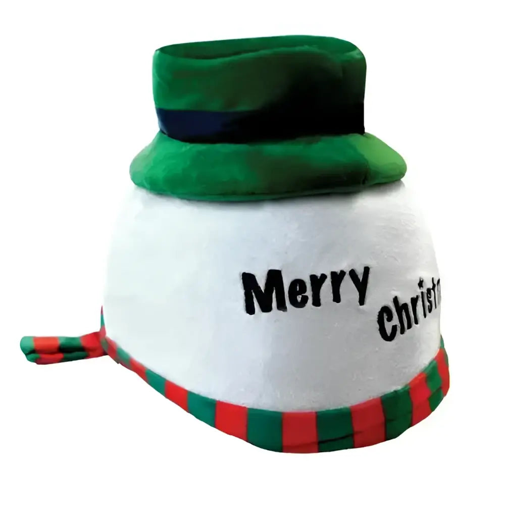 White plush childs freezy snow hat with green velvet top red green scarf and merry christmas embroidery from equetech freezy snow
