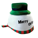 White plush childs freezy snow hat with green velvet top red green scarf and merry christmas embroidery from equetech freezy snow