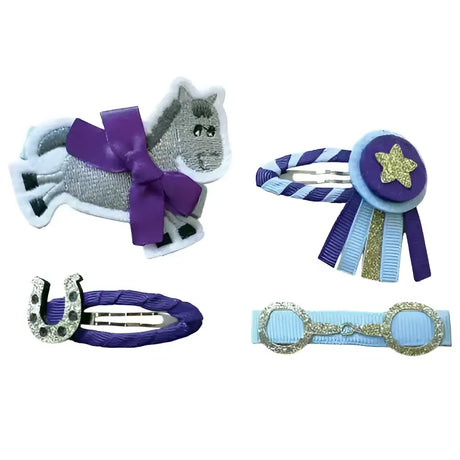 Equetech gymkhana pony hair clip with purple and gray embroidered horse hair and purple ribbon bow for childs gymkhana pony