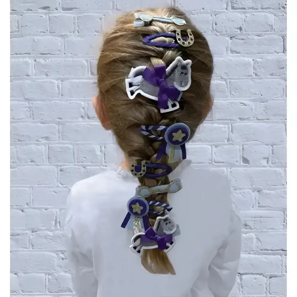 Purple and silver glittery equetech gymkhana pony hair clips perfect for childs gymkhana pony style