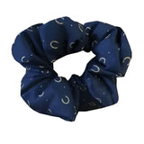 Navy blue equetech hair scrunchie with white horseshoes and dots pattern perfect as a scrunchie horseshoes accessory