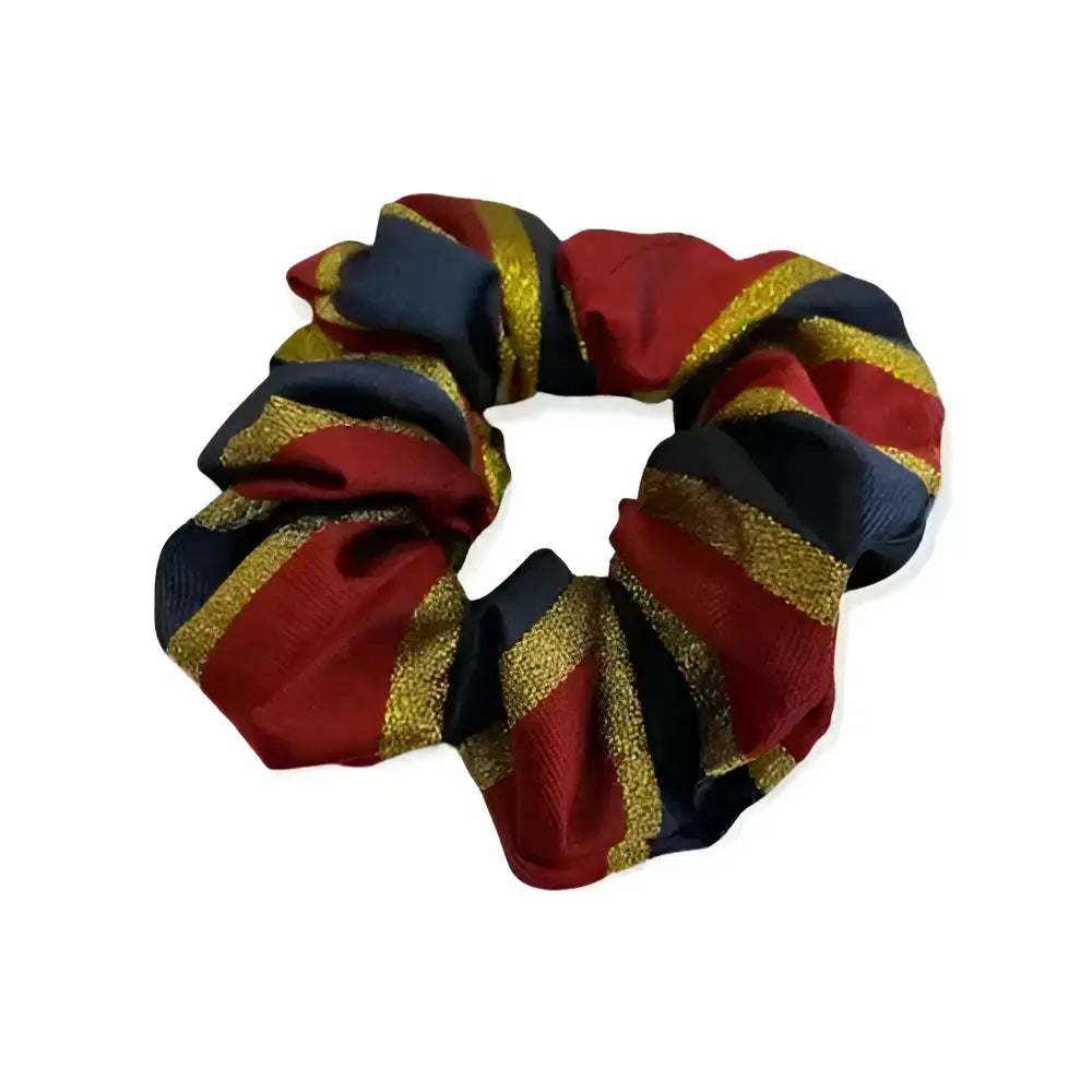 Equetech hair scrunchie in vibrant red navy blue and gold lurex stripe fabric with bold scrunchie lurex strips design