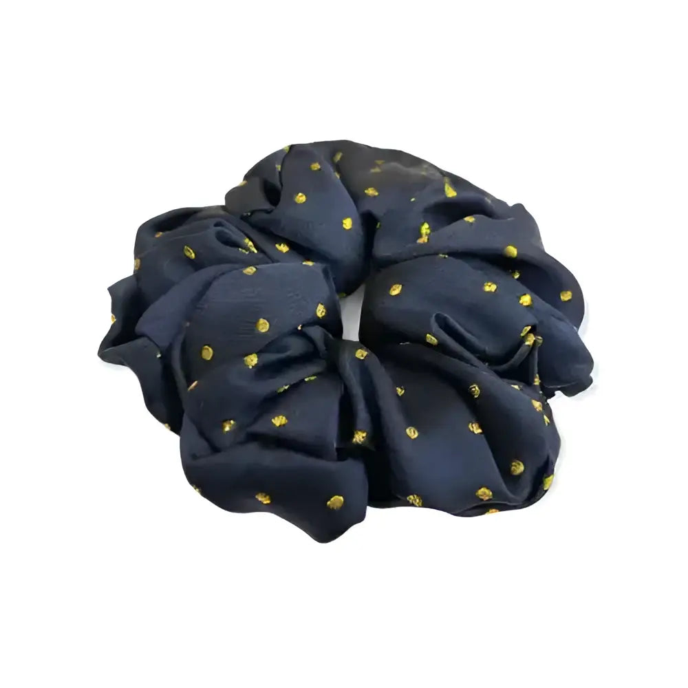 Navy blue equetech hair scrunchie with small gold polka dots jacquard hair accessory in scrunchie pin spot design
