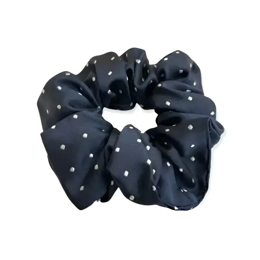 Black satin equetech hair scrunchie with white polka dots jacquard hair accessory scrunchie pin spot