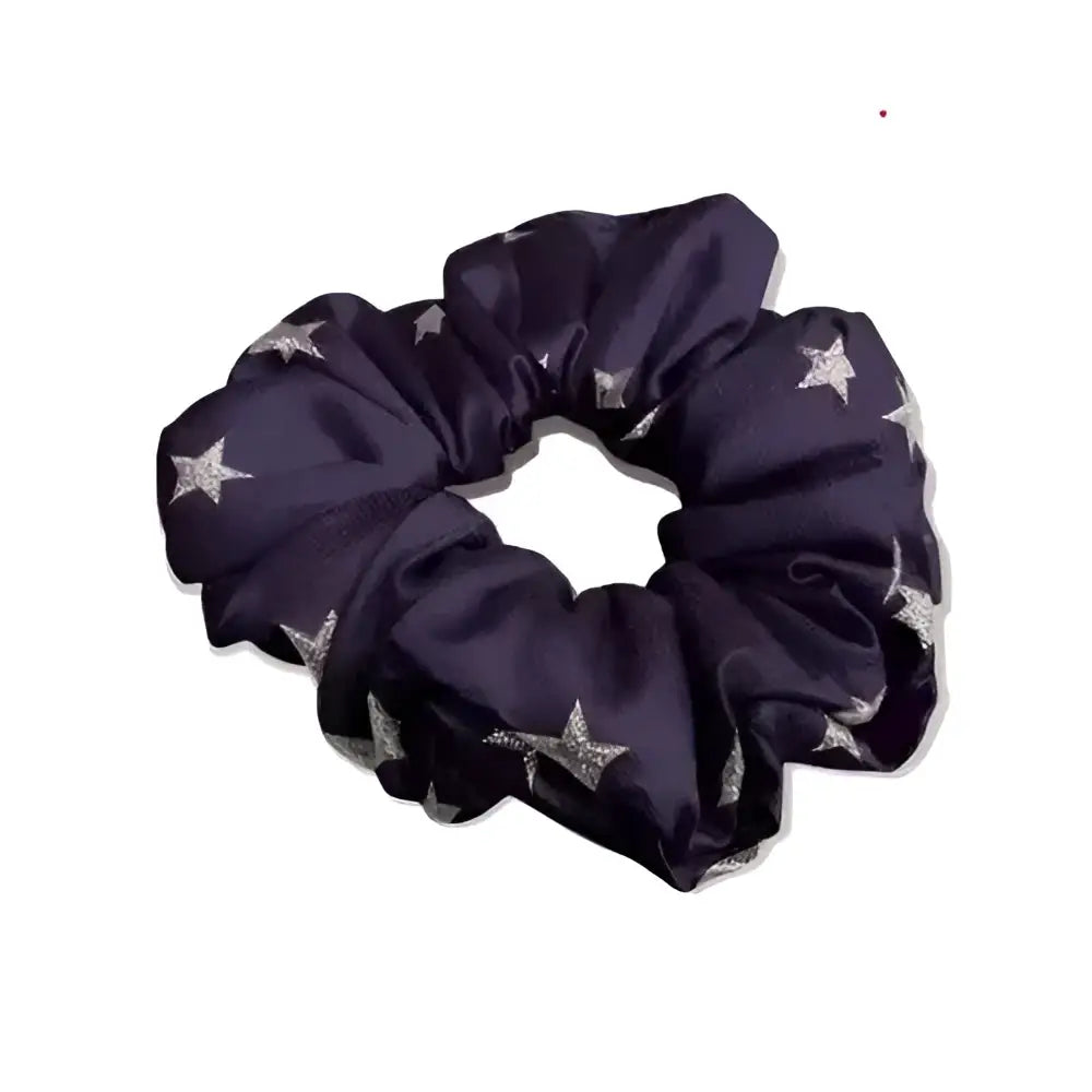 Navy blue satin equetech hair scrunchie with silver star patterns elasticated hair accessory for stylish looks