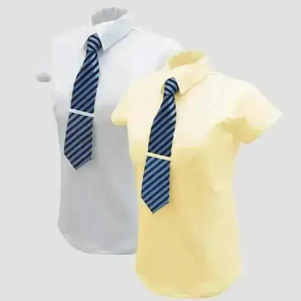Blue and black striped tie with silver clip paired with equetech hexatec capped show shirt for advanced fabric technology use