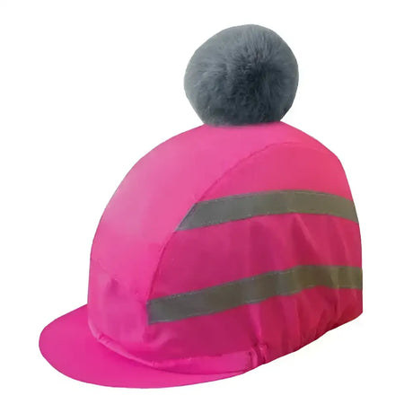 Bright pink equetech hi-vis vision deluxe pom hat silk with reflective gray stripes and fluffy gray pom pom on top
