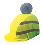 Bright yellow reflective horse hood with gray fuzzy pom pom from equetech hi-vis vision deluxe pom hat silk