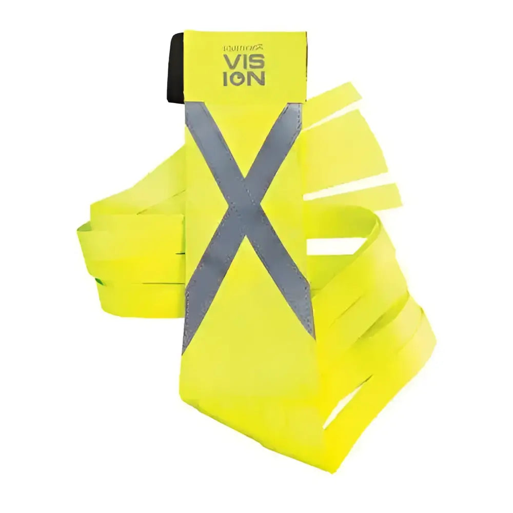 Bright yellow reflective equetech hi-vis vision armband with gray x pattern and black strap for hi-vis vision tail use