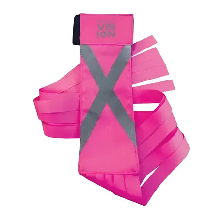 Bright pink equetech hi-vis vision tail streamer with gray x-shaped reflector and black trim for safety visibility