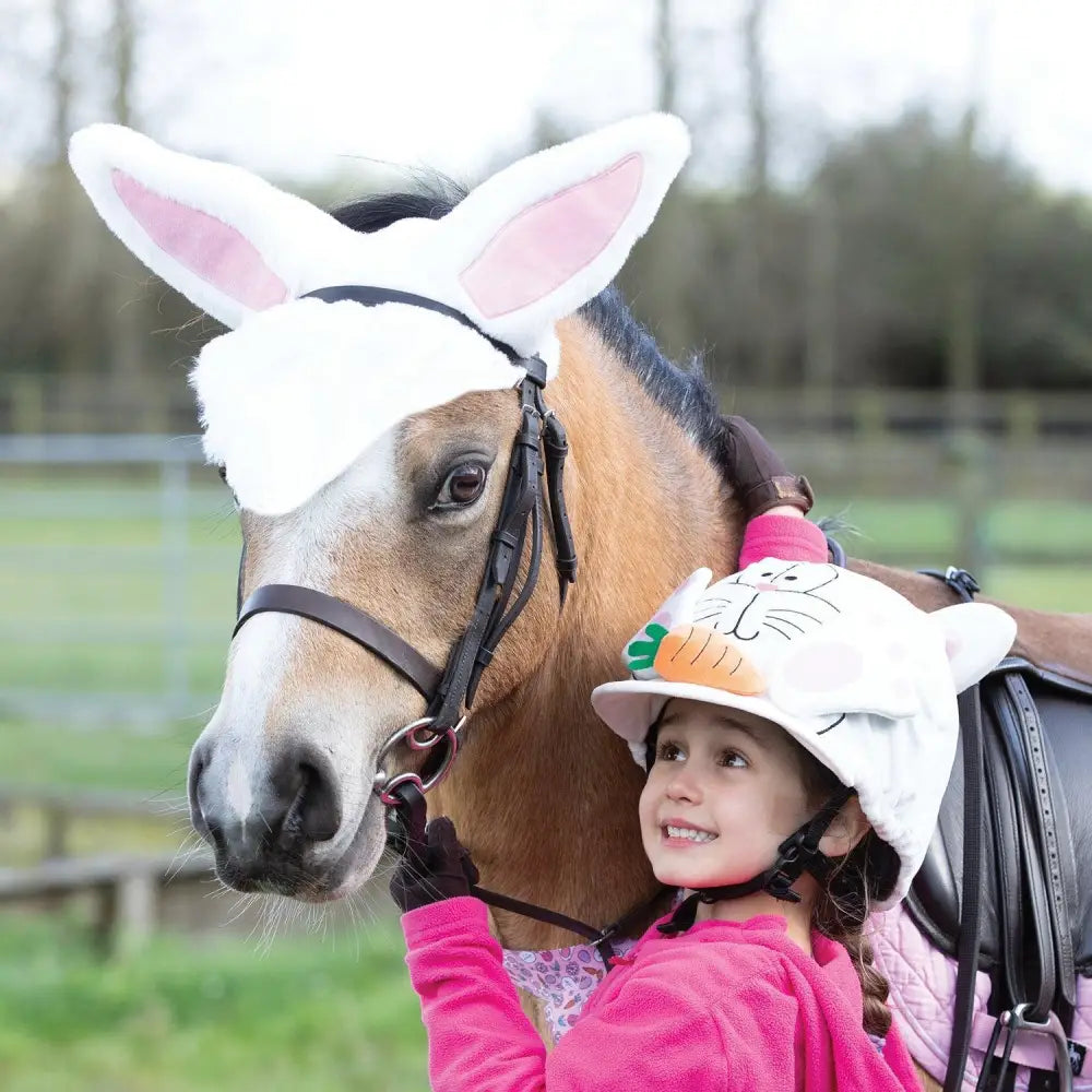White equetech hopper bunny posable ears hat silk with pink inner lining and carrot decoration for riding use