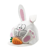 White plush equetech hopper bunny hat silk with pink paws nose inner ears embroidered face and carrot accessory