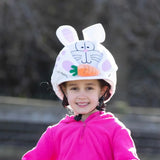 White bunny-themed equetech hopper bunny silk hat with pink polka dots carrot appliqué and posed ears hat for kids