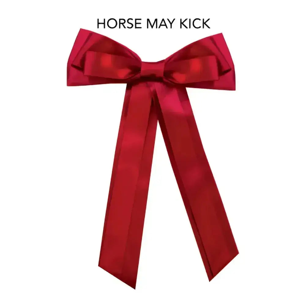 A glossy red satin equetech horse competition warning tail ribbon with a classic symmetrical bow design