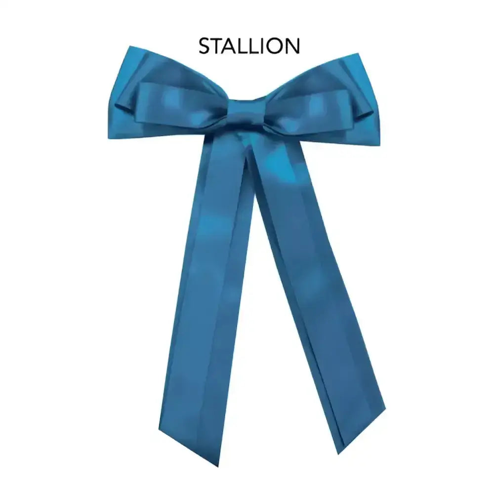 A vibrant teal satin equetech horse competition warning tail ribbon with glossy finish and long trailing tails
