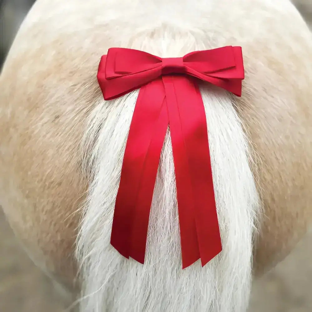 A vibrant red satin warning tail ribbon tied neatly around a horse’s tail for equetech horse competition use