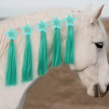 Teal star shaped equetech icicle horse mane tassels with dangling tassels for easy mane decoration pack of 5