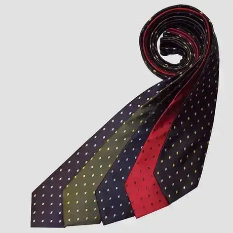 A set of equetech junior diamond silk ties in navy olive blue and red with subtle polka dots for junior diamond showing