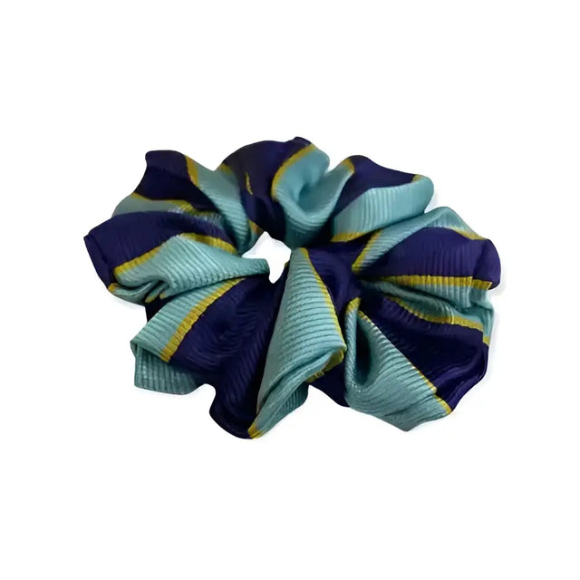 Equetech junior hair elasticated hair accessory with textured scrunchie in navy blue teal green and gold stripes