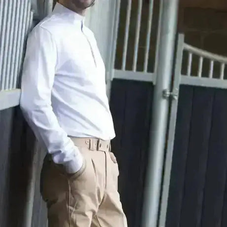 Equetech mens thermal crisp white long-sleeved technical stretch thermal hunt shirt with high collar and subtle stitching