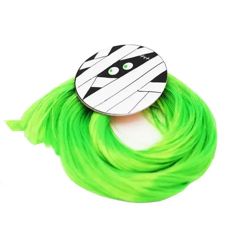 Bright neon green synthetic equetech mummy mayhem horse tail tassel wig with black and white mummy-themed clip