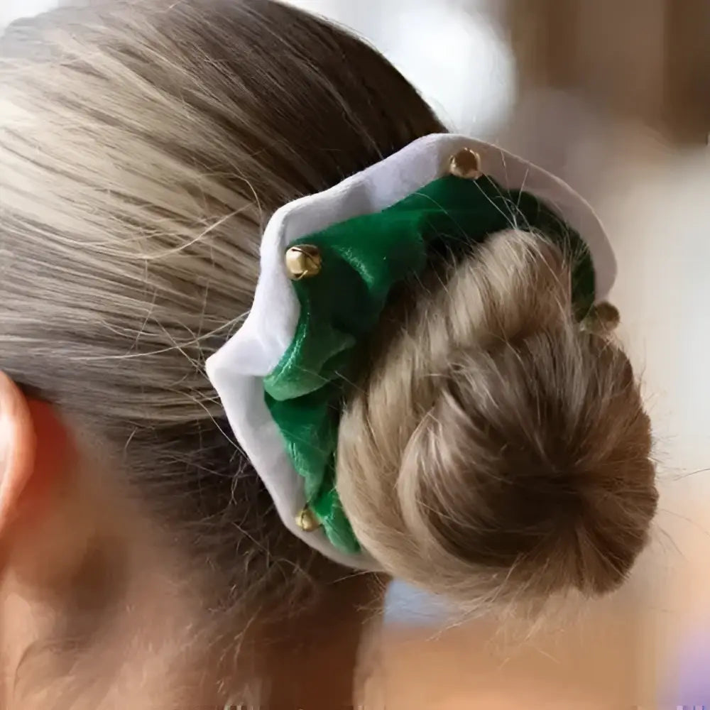 Equetech new christmas bells hair scrunchie green and white velvet festive christmas with gold-colored metal beads