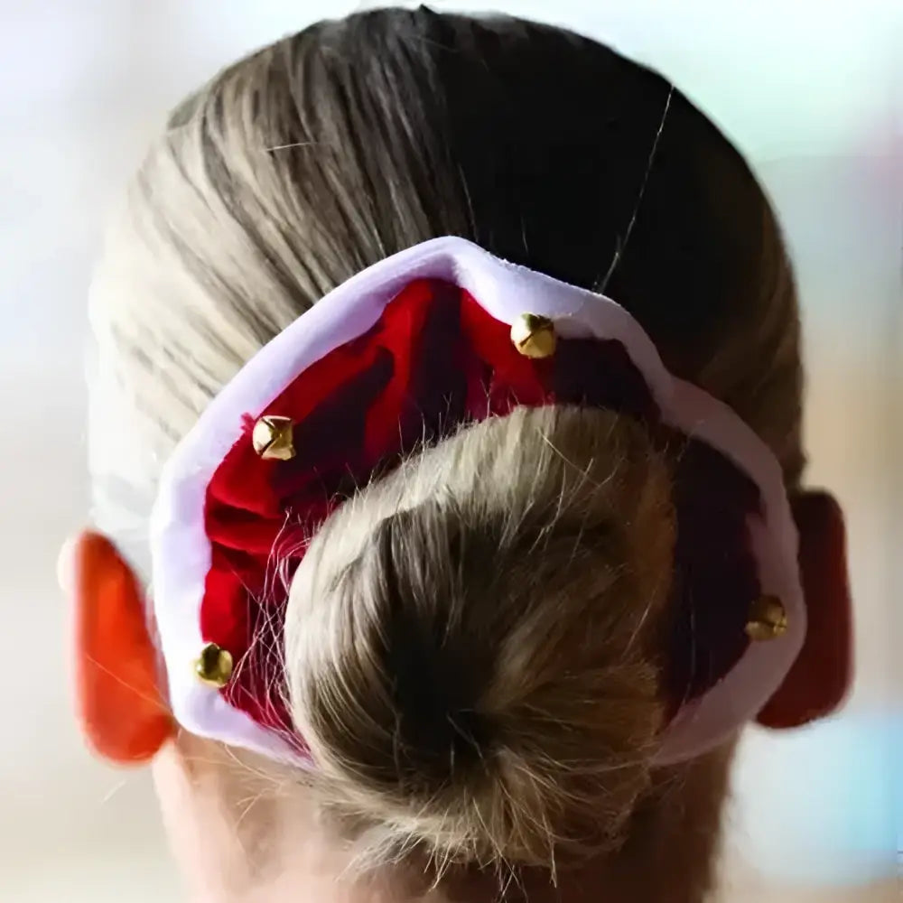 Red velvet festive christmas bells hair scrunchie with white trim and gold bells by equetech for holiday style