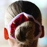 Red velvet festive christmas bells hair scrunchie with white trim and gold bells by equetech for holiday style