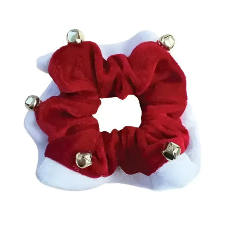 Red velvet festive christmas bells hair scrunchie with four small metallic jingle bells for holiday style