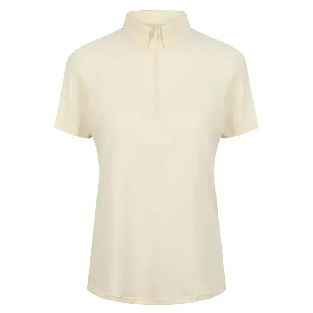 Cream-colored short-sleeved equetech parade show-time polo shirt with collar and front zipper for junior parade show-time events