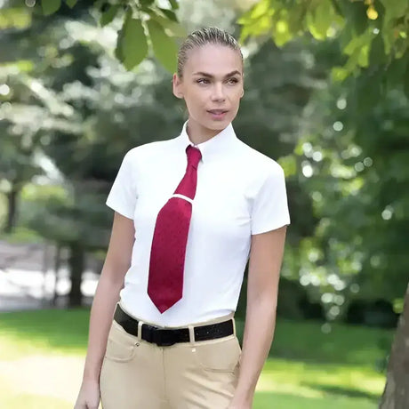 Crimson satin tie with subtle sheen and tailored cut for equetech parade show-time shirts junior parade show-time use